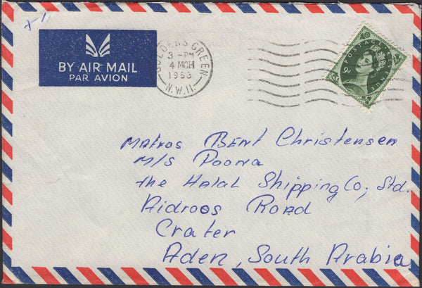 139830 1953 AIR MAIL GOLDERS GREEN TO ADEN, SOUTH ARABIA WITH 9D WILDING.