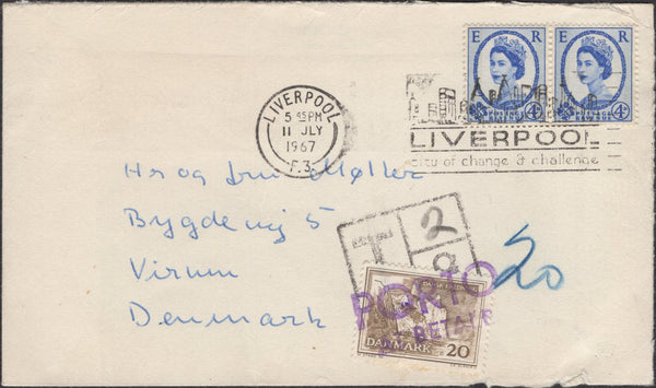 139831 1967 UNDERPAID MAIL LIVERPOOL TO VIRUM, DENMARK WITH DANISH POSTAGE DUE.