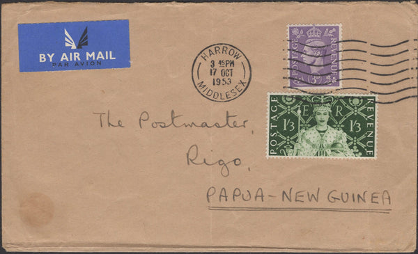 139832 1953 COMBINATION AIR MAIL COVER HARROW TO PAPUA NEW GUINEA.