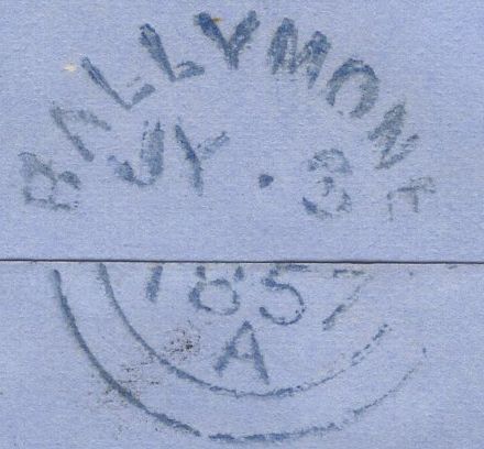 139839 1857 MAIL DUBLIN TO BALLYMONEY WITH DIE 2 1D PL.38 SAVOY STREET PRINTING (SPEC C9A(3) DUBLIN SPOON TYPE A6 (RA68).