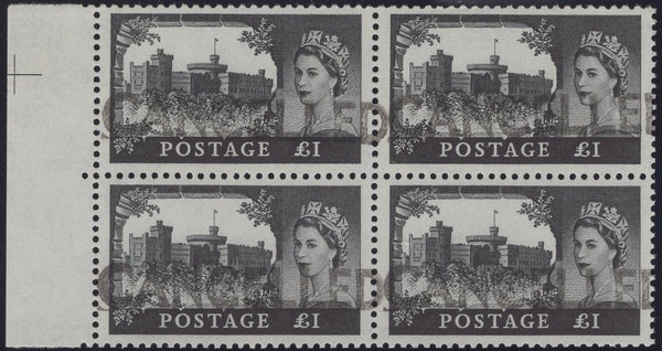 139847 1955 £1 WATERLOW CASTLE ISSUE BLOCK OF FOUR OVERPRINTED 'CANCELLED' (SG539).