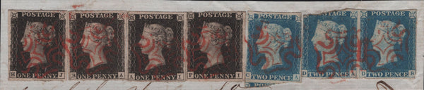 139855 1840-1841 SMALL PIECE WITH COMBINATION 1D BLACK PL.5 (SG2) X 4 AND 1840 2D BLUE PL.1  (SG5) X 3.