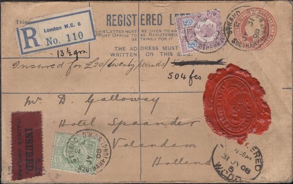 139858 1908 REGISTERED INSURED MAIL LONDON TO HOLLAND.
