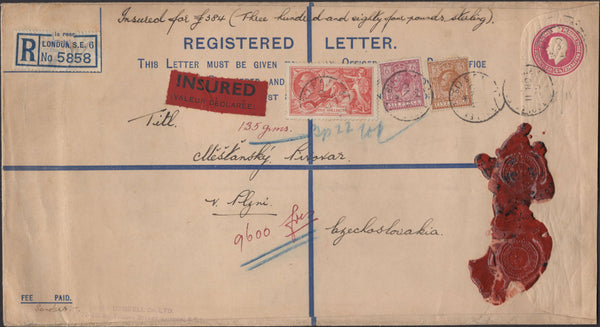 139859 1935 LARGE 4½D REGISTERED ENVELOPE SENT INSURED MAIL LONDON TO CZECHOSLOVAKIA WITH 5S SEAHORSE (SG451).
