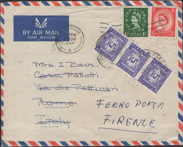 139861  1956 MAIL LIVERPOOL TO ROME RE-DIRECTED TO FLORENCE WITH GB AND ITALIAN STAMPS.