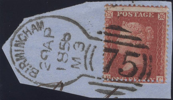 139864 1856 SMALL PIECE WITH 1D (SG29) AND 'BIRMINGHAM/75' SPOON TYPE C3 (RA14).