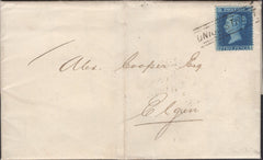 139865 1858 MAIL ABERDEEN TO ELGIN WITH 2D BLUE (SG35) 'UNION STREET' SCOTS LOCAL CANCELLATION.