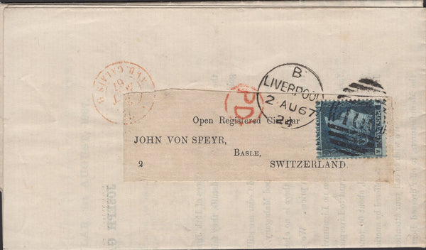 139870 1867 PRINTED MATTER MAIL LIVERPOOL TO BASLE, SWITZERLAND 2D BLUE PL.9 (SG45).