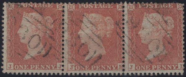 139874 1855 DIE 1 RES.PL.3 S.C.14 (SG22) GOOD USED STRIP OF THREE JJ JK JL, ALL MISSING IMPRIMATUR LETTERINGS.