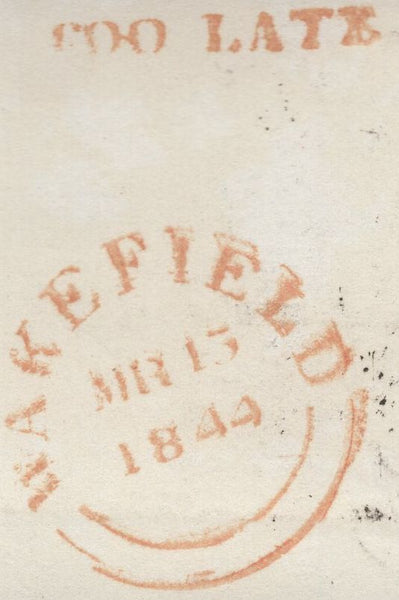 139882 1844 MAIL WAKEFIELD TO BARNSLEY WITH 1D (SG8) AND 'TOO LATE' HAND STAMP OF WAKEFIELD (YK3090).