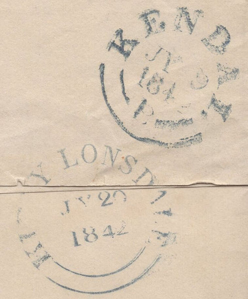 139883 1842 MAIL KENDAL, WESTMORLAND TO KIRBY LONSDALE WITH 1D (SG8), KENDAL MALTESE CROSS SHOWING OUTER BREAK.