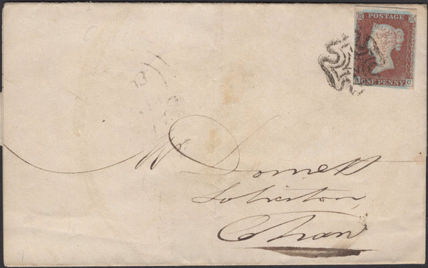 139884 1843 MAIL TO CHARD WITH 1D PL.25 (SG8)(AC) MISSING IMPRIMATUR LETTERING.