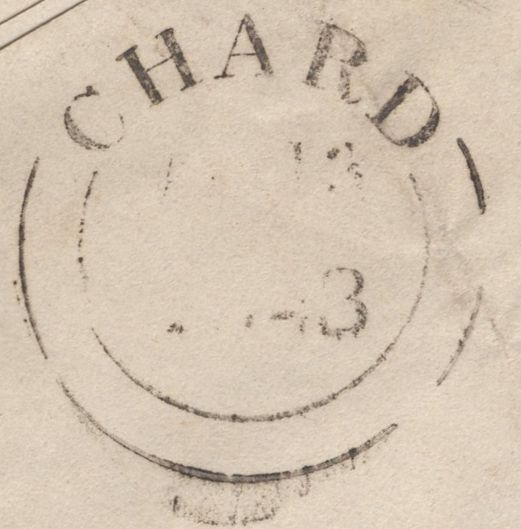 139884 1843 MAIL TO CHARD WITH 1D PL.25 (SG8)(AC) MISSING IMPRIMATUR LETTERING.