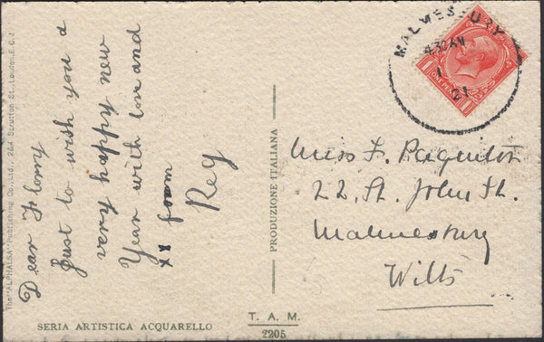 139897 1921 HAND PAINTED POST CARD USED LOCALLY IN MALMESBURY WITH 'MALMESBURY' SKELETON DATE STAMP.
