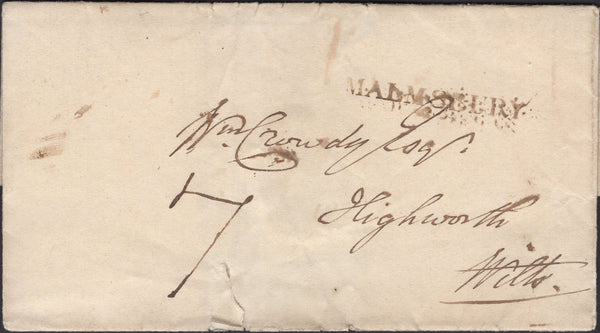 139898 CIRCA 1825 MAIL MALMESBURY TO HIGHWORTH WITH 'MALMSBURY' HAND STAMP (WL378).