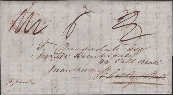 139900 1839 MAIL HUDDERSFIELD TO WHITLEY HALL, RE-DIRECTED TO MANCHESTER WITH 'PAID/at/HUDDERSFIELD' HAND STAMP (YK1501) WHICH HAS BEEN ERASED BY MANUSCRIPT.