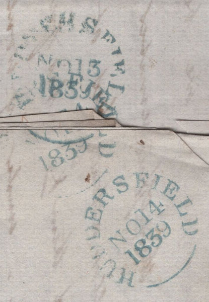 139900 1839 MAIL HUDDERSFIELD TO WHITLEY HALL, RE-DIRECTED TO MANCHESTER WITH 'PAID/at/HUDDERSFIELD' HAND STAMP (YK1501) WHICH HAS BEEN ERASED BY MANUSCRIPT.