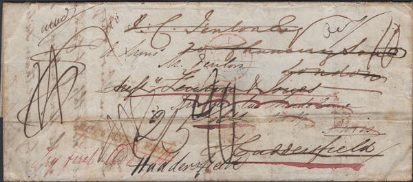 139901 1839 MAIL HUDDERSFIELD TO PARIS, UNDELIVERED AND RETURNED TO HUDDERSFIELD WITH MANY DATE STAMPS AND HAND STAMPS.