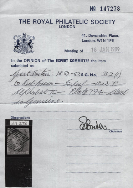 139905 1853 DIE 1 1D PL.174 (SG8)(RD) USED.