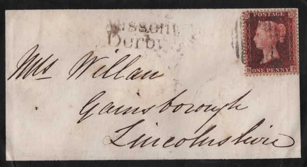 139908 1858 MOURNING ENVELOPE LICHFIELD TO GAINSBOROUGH, DIE 2 1D PL.46 (SG36) 'Missent to/Derby' HAND STAMP (DY165).