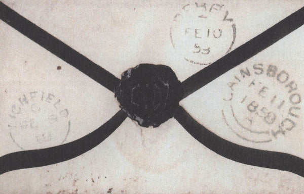 139908 1858 MOURNING ENVELOPE LICHFIELD TO GAINSBOROUGH, DIE 2 1D PL.46 (SG36) 'Missent to/Derby' HAND STAMP (DY165).