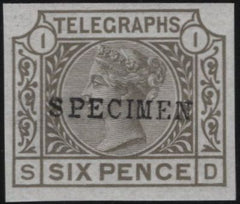 139911 1877 6D GREY TELEGRAPH PL.1 IMPERFORATE (T6/L212t) 'SPECIMEN' TYPE 9.