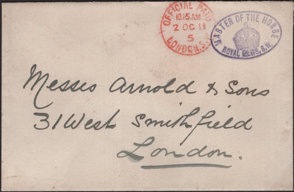 139914 1911 ROYALTY MAIL USED IN LONDON 'MASTER OF THE HORSE/CROWN/ROYAL MEWS, S.W.' CACHET.