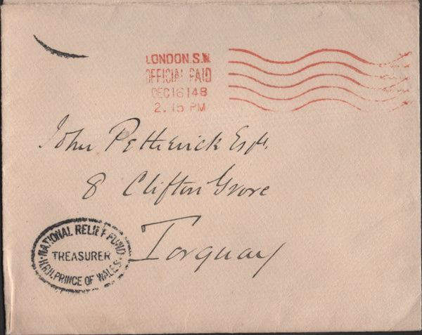 139915 1914 ROYAL HOUSEHOLD MAIL BUCKINGHAM PALACE TO TORQUAY WITH 'NATIONAL RELIEF FUND/TREASURER/H.R.H. PRINCE OF WALES' CACHET.