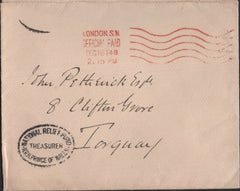 139915 1914 ROYAL HOUSEHOLD MAIL BUCKINGHAM PALACE TO TORQUAY WITH 'NATIONAL RELIEF FUND/TREASURER/H.R.H. PRINCE OF WALES' CACHET.