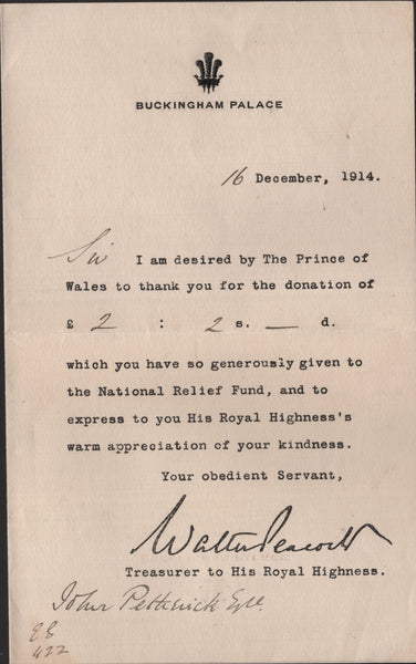 139915 1914 ROYAL HOUSEHOLD MAIL BUCKINGHAM PALACE TO TORQUAY WITH 'NATIONAL RELIEF FUND/TREASURER/H.R.H. PRINCE OF WALES' CACHET.