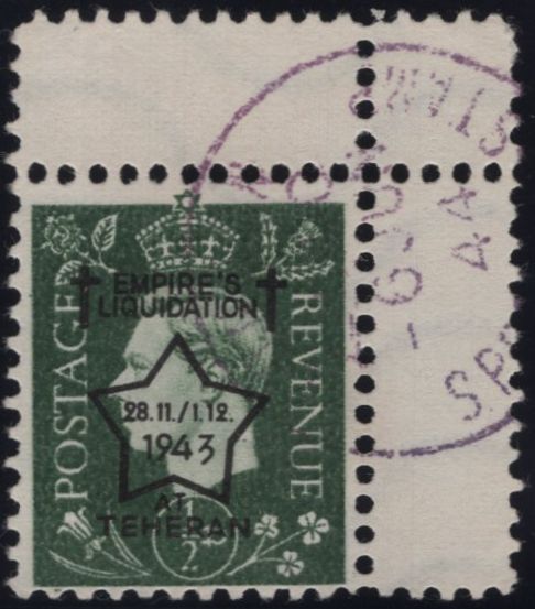 139919 1944 GERMAN PROPAGANDA FORGERY 'USED' ½D GREEN 'EMPIRE'S LIQUIDATION/AT TEHERAN' OVERPRINT.