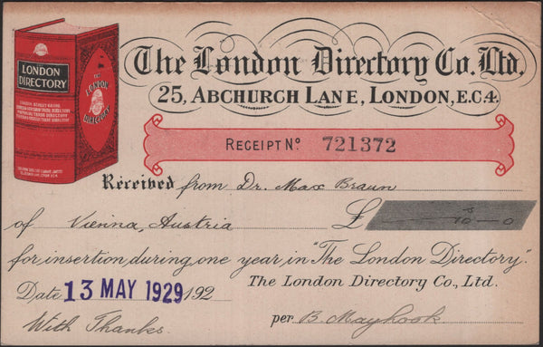 139922 1929 ILLUSTRATED ADVERT 'LONDON DIRECTORY' ON POST CARD LONDON TO VIENNA.