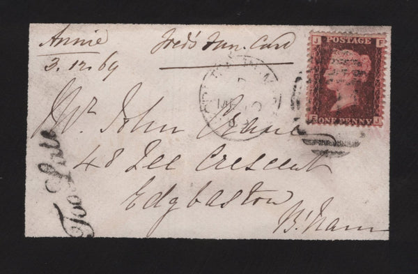 139925 1869 MOURNING ENVELOPE MORETON IN MARSH, GLOS TO BIRMINGHAM WITH 'Too Late' ITALIC TYPE HAND STAMP.