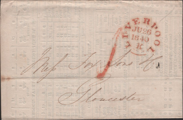 139926 1840 PRINTED PRICES CURRENT RE WHEAT ETC LIVERPOOL TO GLOUCESTER WITH LIVERPOOL '1' UNIFORM PENNY POST HAND STAMP.