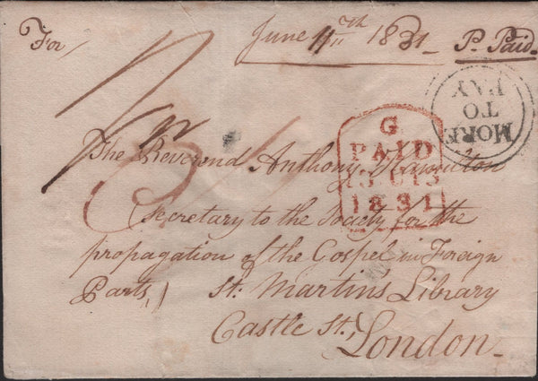 139927 1831 MAIL LANCASTER TO LONDON, POSTAGE UNDERPAID WITH CIRCULAR 'MORE TO PAY' HAND STAMP.