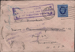 139929 1936 UNDELIVERED MAIL GREAT YARMOUTH TO MOSCOW WITH KGV 2½D (SG443) VARIOUS INSTRUCTIONAL HAND STAMPS.