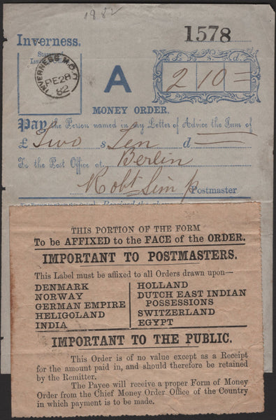 139963 1882 'MONEY ORDER' INSTRUCTION SHEET INVERNESS TO BERLIN WITH POSTMASTERS LABEL AFFIXED.