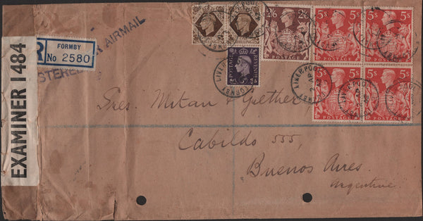 139965 1942 REGISTERED AIR MAIL FORMBY, LIVERPOOL TO ARGENTINA WITH KGVI 2/6 BROWN (SG476) AND 5S RED (SG477) X 4.