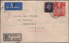 139967 1939 REGISTERED AIR MAIL MANCHESTER TO MONTEVIDEO, URUGUAY WITH KGVI 5S RED (SG477).