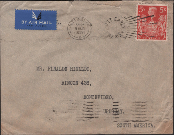 139968 1939 AIR MAIL NOTTINGHAM TO MONTEVIDEO, URUGUAY, WITH 5S RED (SG477).
