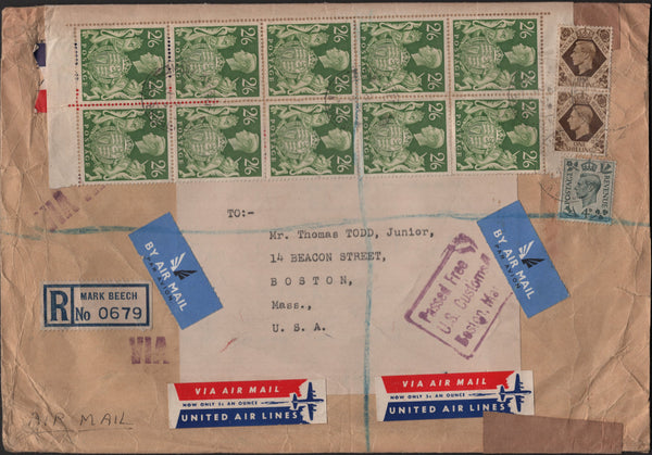 139973 1949 REGISTERED AIR MAIL MARK BEECH, KENT TO USA WITH KGVI 2/6 YELLOW-GREEN (SG476b) BLOCK OF TEN.
