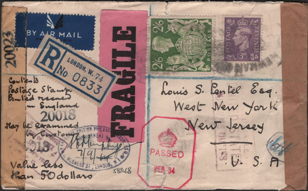 139974 1944 REGISTERED AIR MAIL SENT 'FRAGILE' LONDON TO NEW JERSEY, USA WITH KGVI 2/6 YELLOW-GREEN (SG476b).