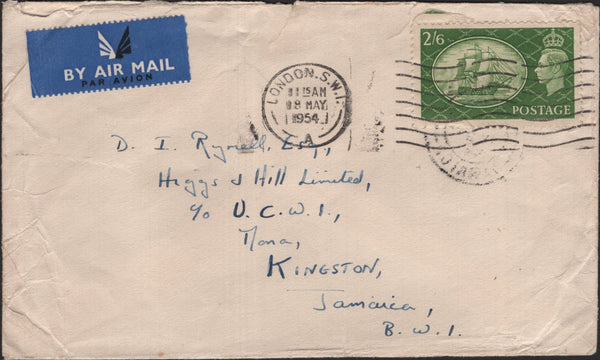 139975 1954 AIR MAIL LONDON TO KINGSTON, JAMAICA WITH KGVI 2/6 YELLOW-GREEN (SG509).