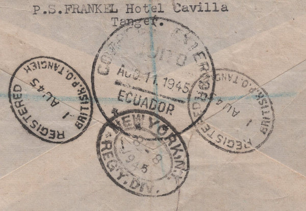 139977 1943 AIR MAIL TANGIER TO QUITO, ECUADOR WITH KGVI 2/6 YELLOW-GREEN (SG476b).