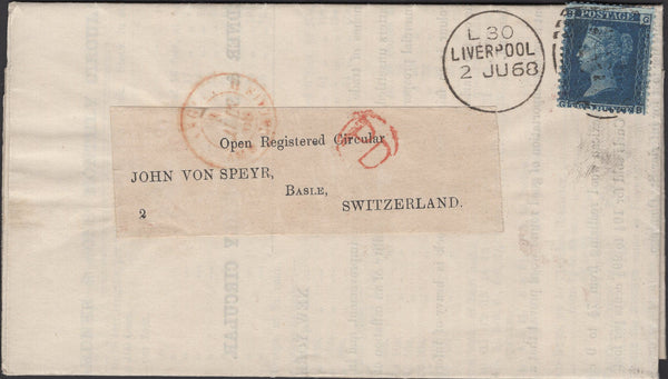 139980 1868 VERY FINE PRICES CURRENT PRINTED WRAPPER LIVERPOOL TO SWITZERLAND WITH 2D BLUE PL.9 (SG45).