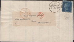 139980 1868 VERY FINE PRICES CURRENT PRINTED WRAPPER LIVERPOOL TO SWITZERLAND WITH 2D BLUE PL.9 (SG45).