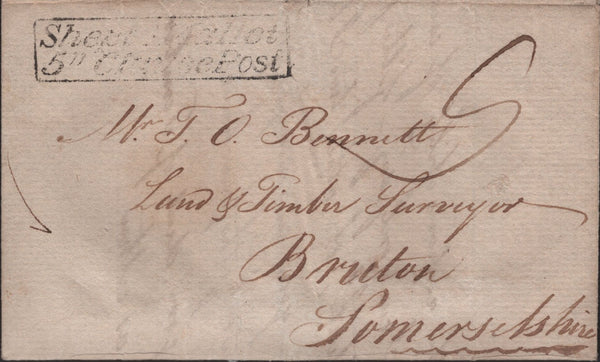 139989 1824 MAIL NEWBURY, BERKS TO BRUTON, SOMERSET WITH 'NEWBURY/58' MILEAGE MARK (BR261) AND BOXED 'Sheptn.Mallet/5" Clause Post' HAND STAMP (SO684).