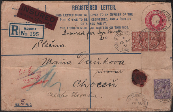 140003 1931 INSURED REGISTERED MAIL SLOUGH TO CHOCEN, CZECHOSLOVAKIA WITH KGVI ISSUES.