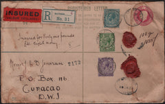140006 1923 REGISTERED INSURED MAIL WATFORD TO CURACAO, DANISH WEST INDIES WITH KGV ISSUES.