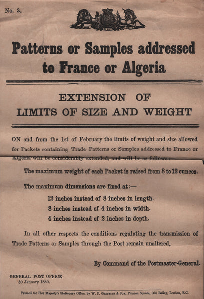 140007 1880 GB POSTAL NOTICE 'Patterns or Samples addressed to France or Algeria'.